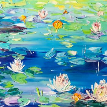 Painting titled "Funny water lilies" by Svitlana Andriichenko, Original Artwork, Oil Mounted on Wood Stretcher frame