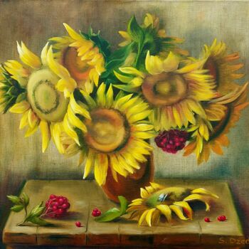 Painting titled ""The sun in a jug"" by Svitlana Dzedzei, Original Artwork, Oil Mounted on Wood Stretcher frame