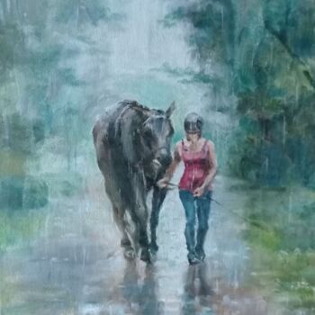 Malerei mit dem Titel "Horsewoman in the r…" von Svitlana Fedas, Original-Kunstwerk, Öl