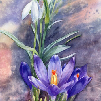 Peinture intitulée "Spring primroses, s…" par Svitlana Lagutina, Œuvre d'art originale, Aquarelle