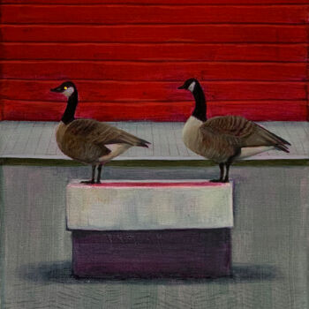 Painting titled "Two Geese near the…" by Svitlana Tetokina, Original Artwork, Oil Mounted on Wood Stretcher frame