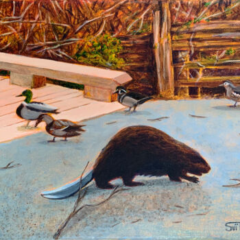 Peinture intitulée "Beaver and ducks" par Svitlana Tetokina, Œuvre d'art originale, Huile Monté sur Châssis en bois