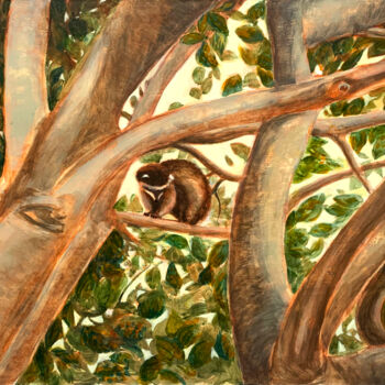 Painting titled "Raccoon on a tree" by Svitlana Tetokina, Original Artwork, Oil