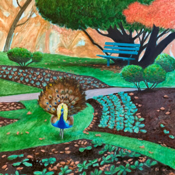 Painting titled "Peacock in a park" by Svitlana Tetokina, Original Artwork, Oil