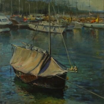 Painting titled "No man's boat" by Svitlana Vol, Original Artwork, Oil Mounted on Wood Stretcher frame