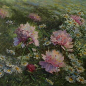 Painting titled "Peonies on a chamom…" by Svitlana Vol, Original Artwork, Oil
