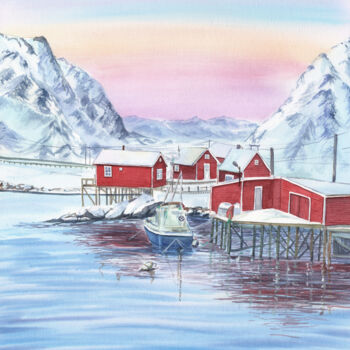 Картина под названием "Norway Sunset" - Svitlana Yanyeva, Подлинное произведение искусства, Акварель