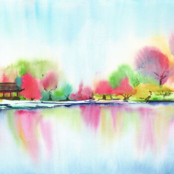 Картина под названием "Cherry Blossom Japa…" - Svitlana Yanyeva, Подлинное произведение искусства, Акварель