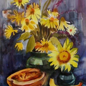 Painting titled "Fleurs jaunes" by Svitlana Rasymiene, Original Artwork, Watercolor