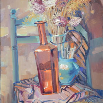 Peinture intitulée "fleurs et bouteille" par Svitlana Rasymiene, Œuvre d'art originale, Huile