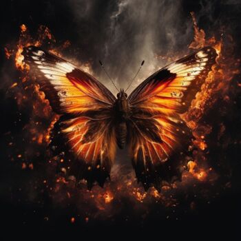 Digitale Kunst getiteld "Butterfly in fire 2" door Swannai, Origineel Kunstwerk, AI gegenereerde afbeelding