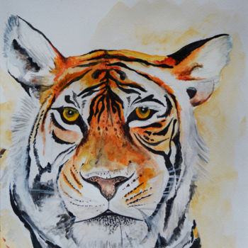 Painting titled "Eye of the Tiger" by Swendrini Gunasekara, Original Artwork, Watercolor Mounted on Other rigid panel