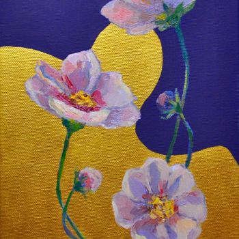 Painting titled "Golden flowers" by Anastasia Sycheva, Original Artwork, Oil Mounted on Wood Stretcher frame