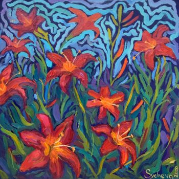 Painting titled "Lilies in the garden" by Anastasia Sycheva, Original Artwork, Oil