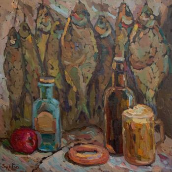 Painting titled "Still life with fish" by Anastasia Sycheva, Original Artwork, Oil Mounted on Cardboard