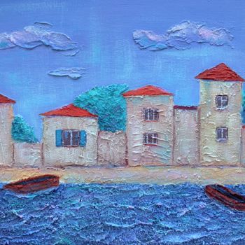 Painting titled "Houses by the sea w…" by Anastasia Sycheva, Original Artwork, Acrylic Mounted on Cardboard