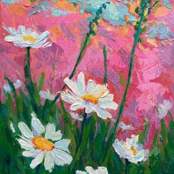 Painting titled "flowers at sunset" by Anastasia Sycheva, Original Artwork, Acrylic Mounted on Wood Stretcher frame