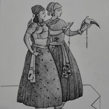 Zeichnungen mit dem Titel "Noor Jahan and Jhan…" von Syed Akheel, Original-Kunstwerk, Tinte