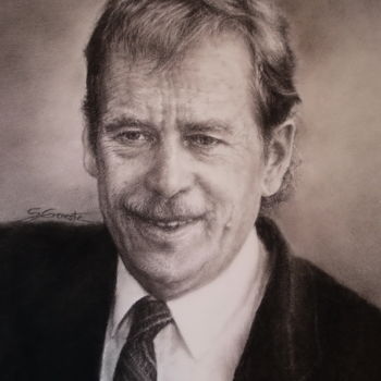 Disegno intitolato "Vaclav Havel" da Sylvie Geneste, Opera d'arte originale, Carbone