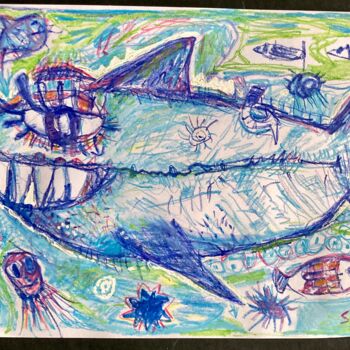 Pittura intitolato "Dez peinture Requin…" da Sylvain Dez, Opera d'arte originale, Acquarello