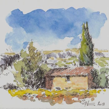 Painting titled "Cabanon" by Sylvain Thevenon, Original Artwork, Watercolor