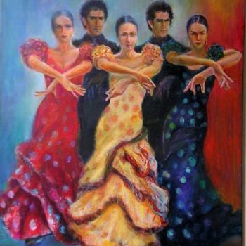 Pintura titulada "Flamenco group danc…" por Sylva Zalmanson, Obra de arte original