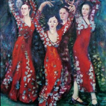 Painting titled "Flamenco group danc…" by Sylva Zalmanson, Original Artwork, Oil