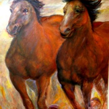 Картина под названием "Two horses" - Sylva Zalmanson, Подлинное произведение искусства, Масло