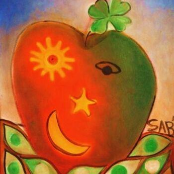 Painting titled "Sourire d'une pomme" by Sylvia Adjabroux, Original Artwork, Oil Mounted on Wood Stretcher frame