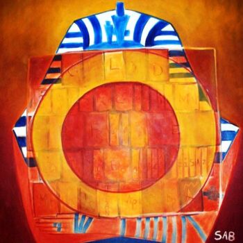 Schilderij getiteld "Pharaon T." door Sylvia Adjabroux, Origineel Kunstwerk, Olie Gemonteerd op Frame voor houten brancard