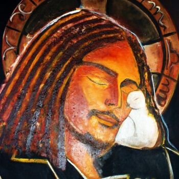 Schilderij getiteld "Jésus et la Colombe" door Sylvia Adjabroux, Origineel Kunstwerk, Olie Gemonteerd op Frame voor houten b…