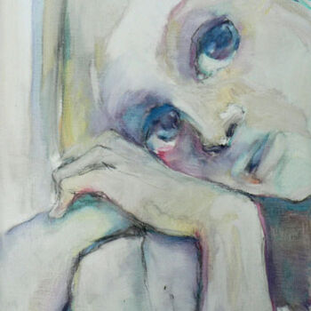 Painting titled "Pensive" by Sylvia Baldeva, Original Artwork, Oil Mounted on Wood Stretcher frame