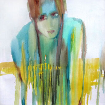 Painting titled "En bleu et jaune" by Sylvia Baldeva, Original Artwork, Oil Mounted on Wood Stretcher frame