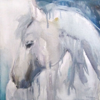 Painting titled "Gros plan cheval" by Sylvia Baldeva, Original Artwork, Oil Mounted on Wood Stretcher frame