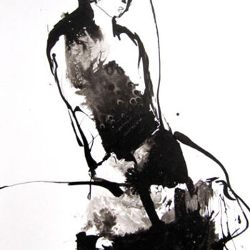 Drawing titled "Pensif" by Sylvia Baldeva, Original Artwork, Ink