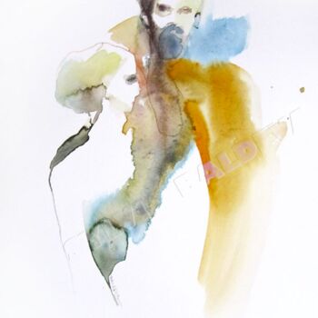Peinture intitulée "La femme et le barbu" par Sylvia Baldeva, Œuvre d'art originale, Aquarelle