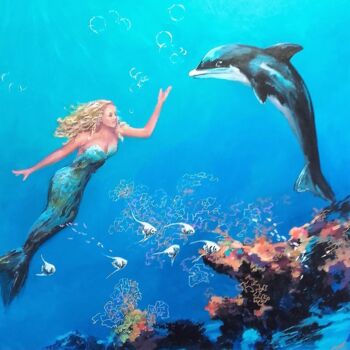 Schilderij getiteld "duo-sirene-dauphin-…" door Sylvia Fuet, Origineel Kunstwerk