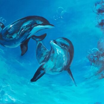 Painting titled "dauphins-80x80x4-cm…" by Sylvia Fuet, Original Artwork, Acrylic