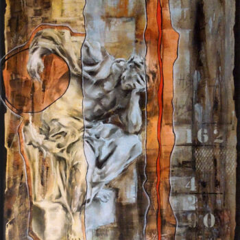 Painting titled "Le fil rouge 2" by Sylvia Mota, Original Artwork, Oil Mounted on Wood Stretcher frame