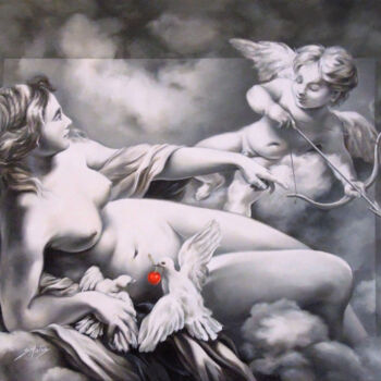 Painting titled "Vénus et Amour" by Sylvia Mota, Original Artwork, Oil Mounted on Wood Stretcher frame