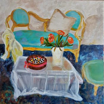 Painting titled "La Banquette Bleue" by Sylviane Dubois, Original Artwork, Acrylic Mounted on Wood Stretcher frame