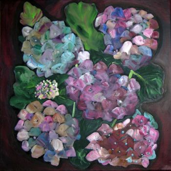 Painting titled "Hortensia à l'Aliza…" by Sylviane Dubois, Original Artwork, Oil Mounted on Wood Stretcher frame