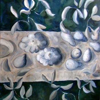 Painting titled "Poires et Pâtissons…" by Sylviane Dubois, Original Artwork, Acrylic Mounted on Wood Stretcher frame