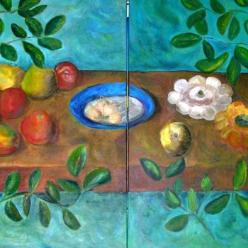 Painting titled "Pommes et Pâtissons" by Sylviane Dubois, Original Artwork, Acrylic Mounted on Wood Stretcher frame