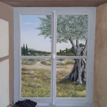 Malerei mit dem Titel "La fenêtre et l'oli…" von Sylvie Artôt, Original-Kunstwerk, Acryl