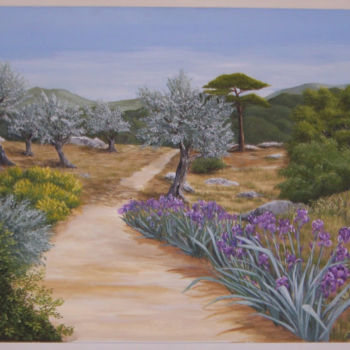 Painting titled "Iris et Oliviers" by Sylvie Artôt, Original Artwork, Acrylic