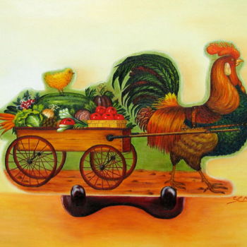 Schilderij getiteld "Rooster Express" door Sylvie Auvray Comin, Origineel Kunstwerk, Olie Gemonteerd op Frame voor houten br…