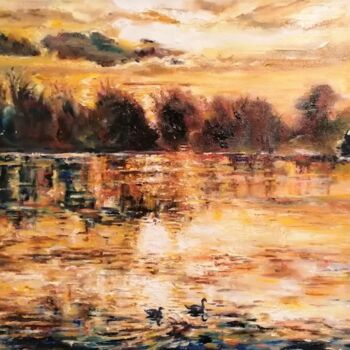 Painting titled "Coucher de soleil s…" by Sylvie Bayle, Original Artwork, Oil Mounted on Wood Stretcher frame