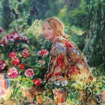 Painting titled "Avril au jardin" by Sylvie Bayle, Original Artwork, Oil Mounted on Wood Stretcher frame