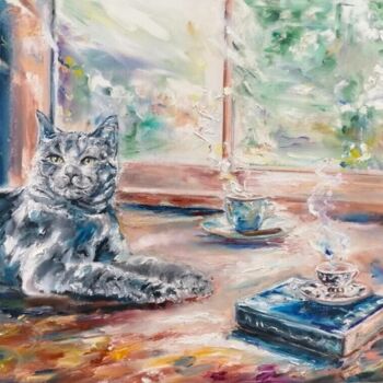 Painting titled "A cat, a book, a cu…" by Sylvie Bayle, Original Artwork, Oil